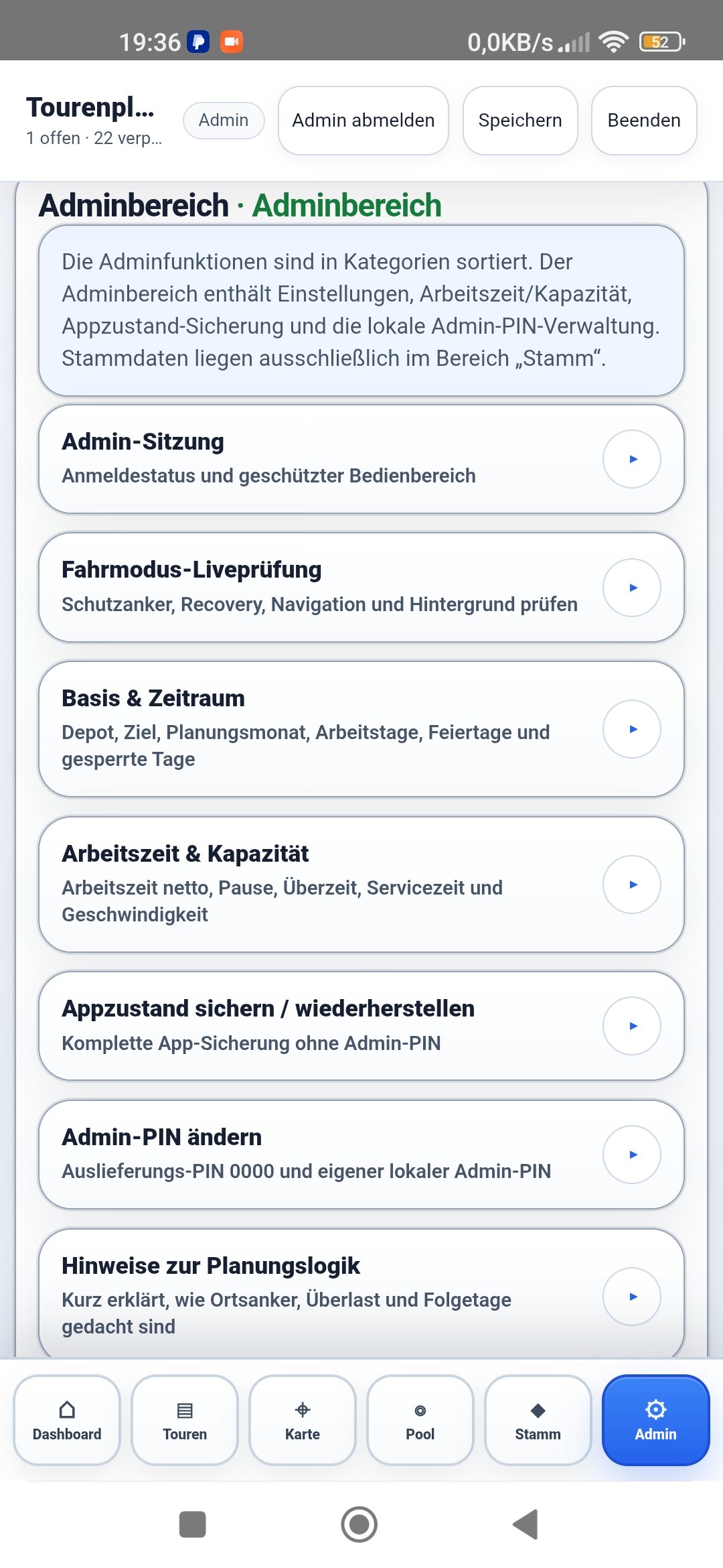 Adminbereich der Tourenplaner App für Einstellungen, Fahrmodus und Stammdaten