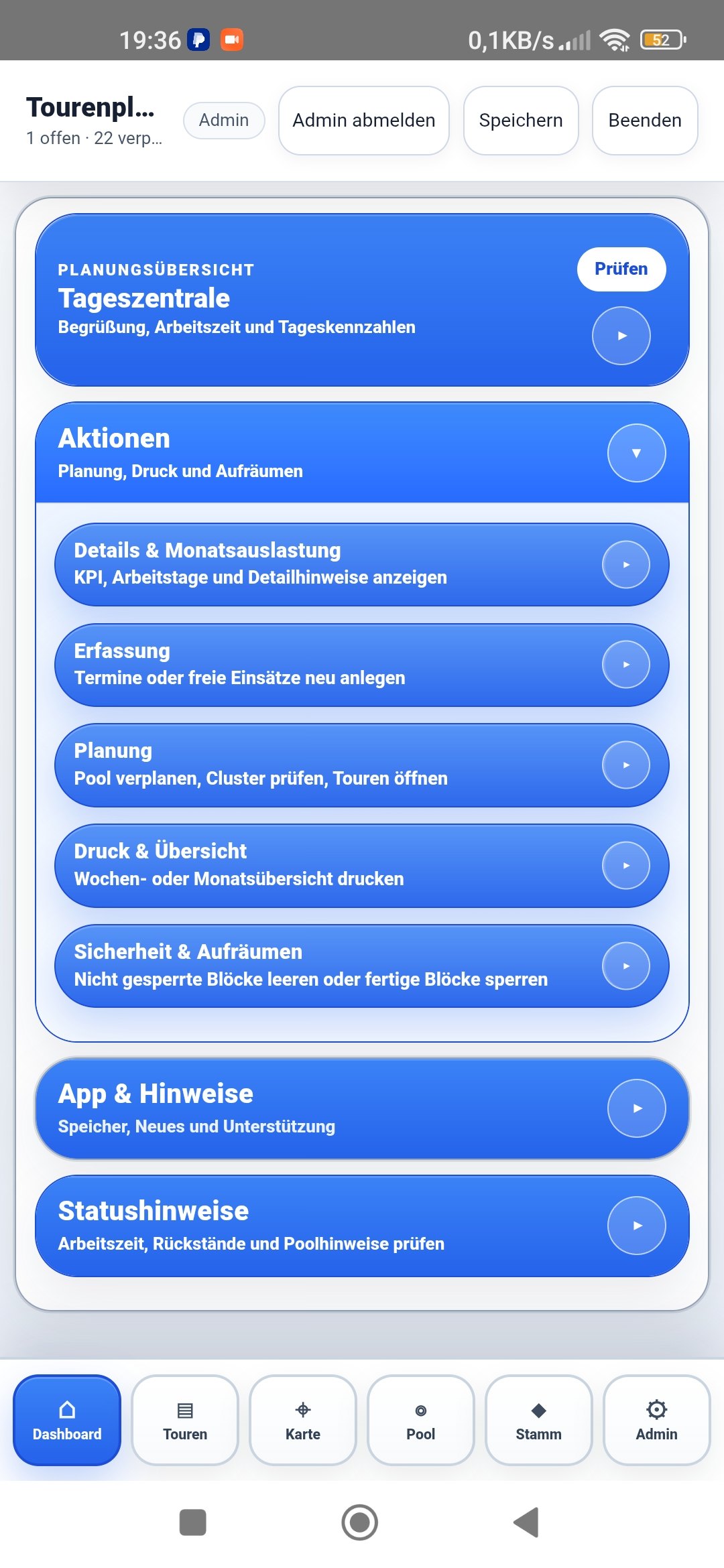 Module der Tourenplaner App für Tourenplanung, Einsatzpool und Dokumentation