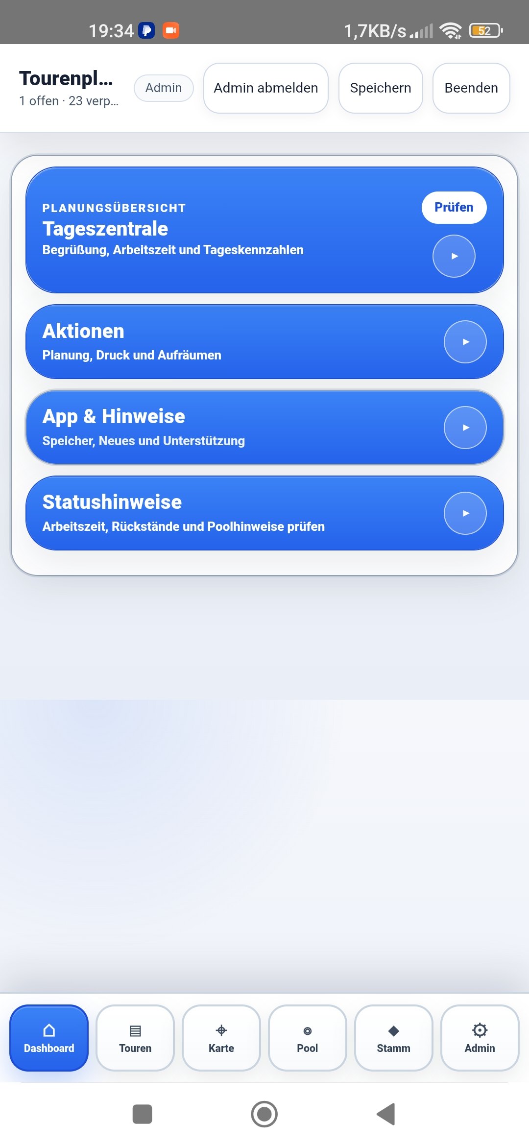 Tourenplaner App Dashboard für Tagesplanung und Einsatzplanung