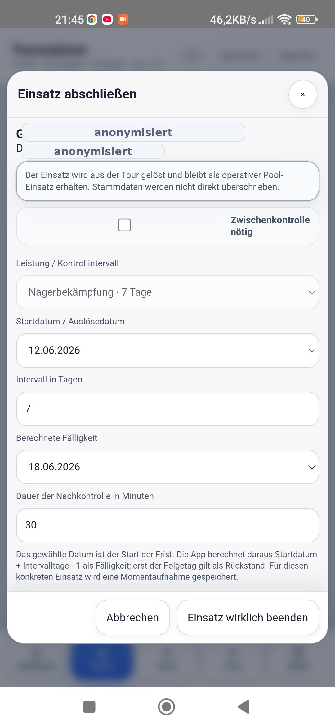 Nachkontrolle und Kontrollintervall in der Tourenplaner App für Schädlingsbekämpfer