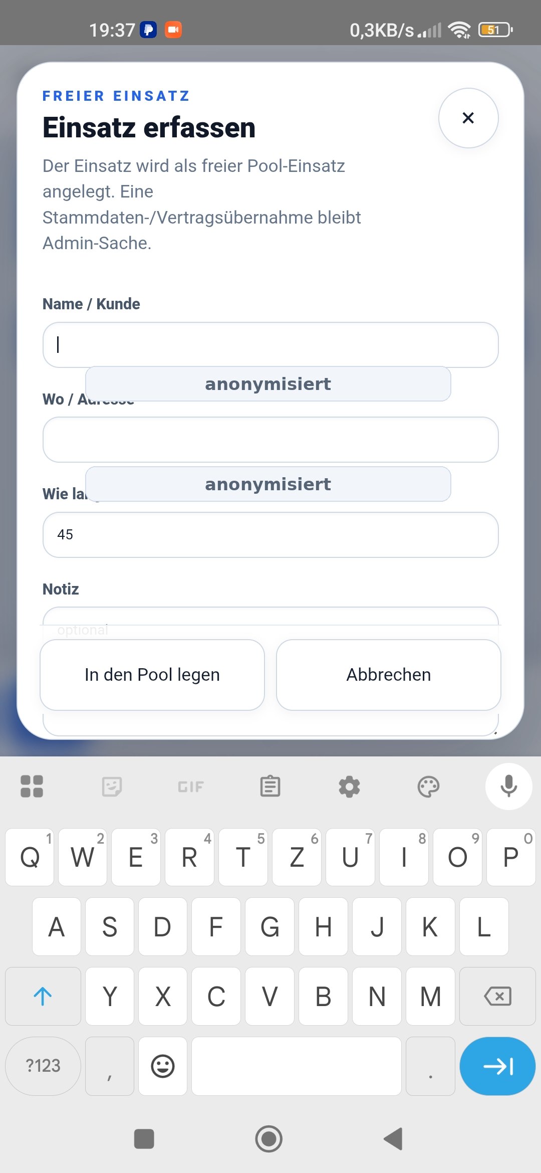 Einsatz erfassen in der Tourenplaner App für Schädlingsbekämpfung
