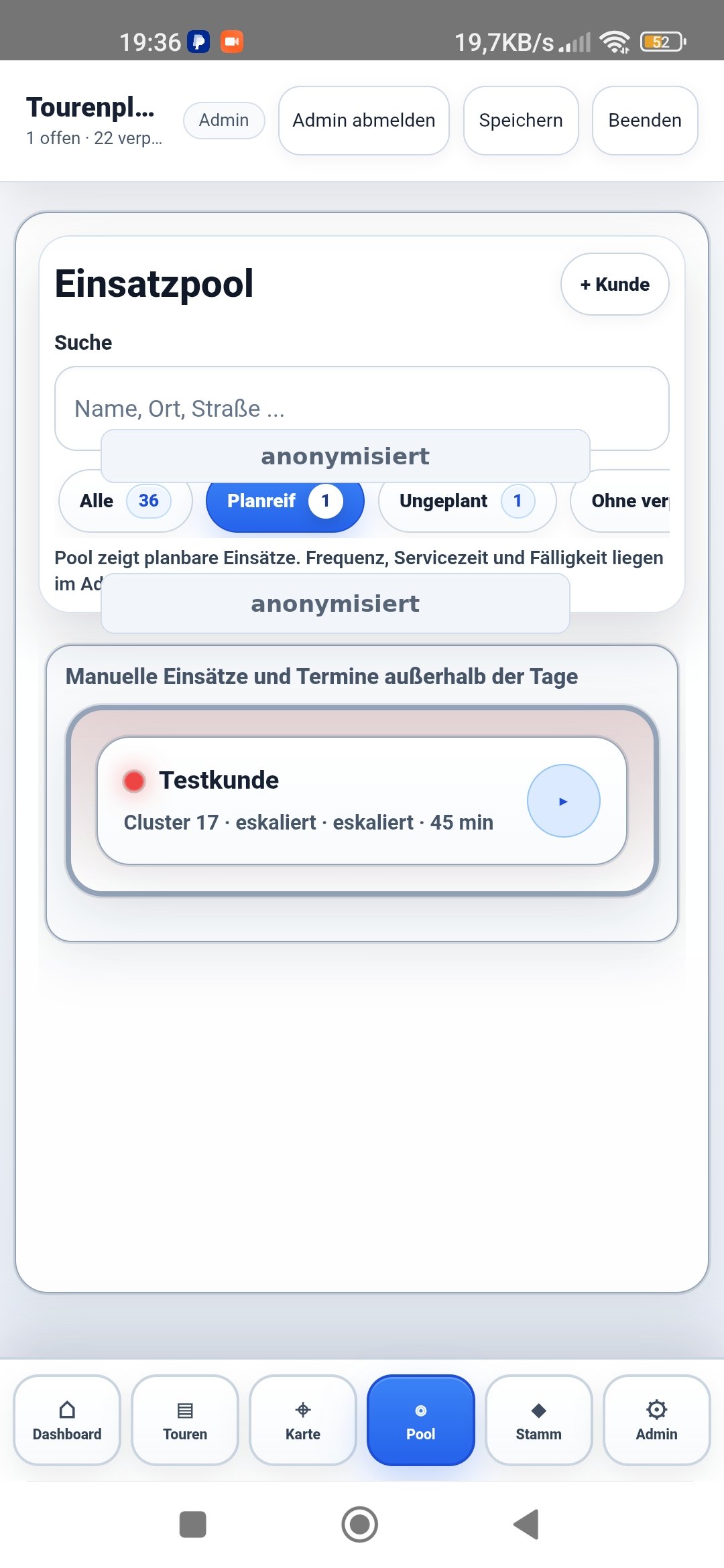 Einsatzpool der Tourenplaner App für offene Einsätze und Tourenplanung