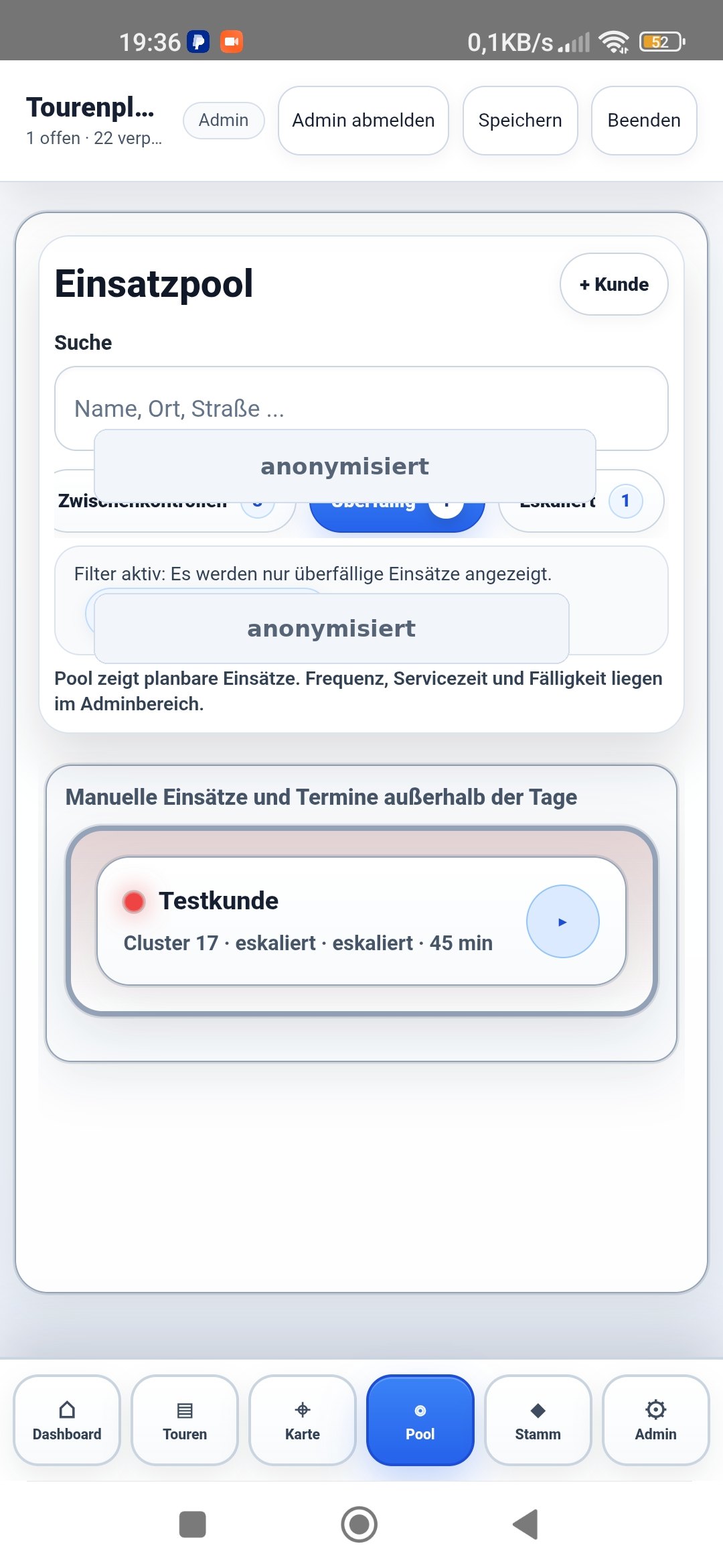 Tourenplaner App Einsatzpool zur Vorbereitung von Touren und Kundenbesuchen
