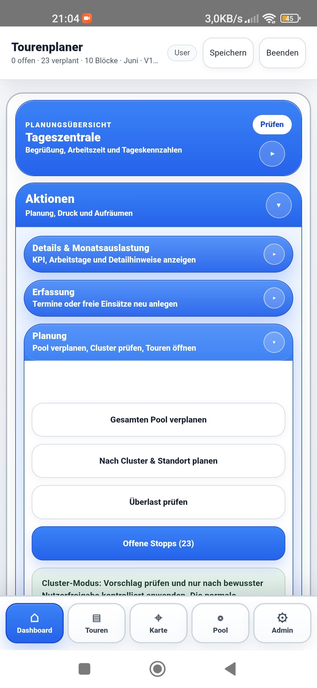Fahrmodus der Tourenplaner App für Servicefahrten und Kontrolltouren