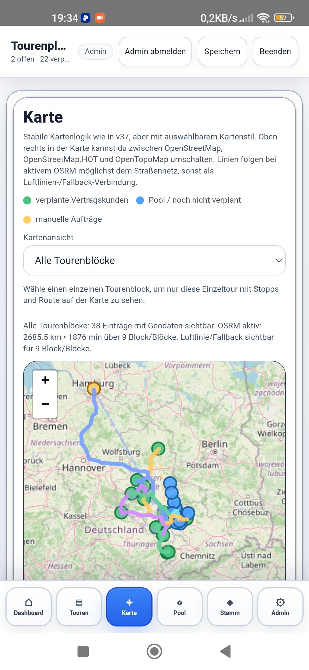 Kartenansicht und Route in einer Tourenplanung App für Außendienst