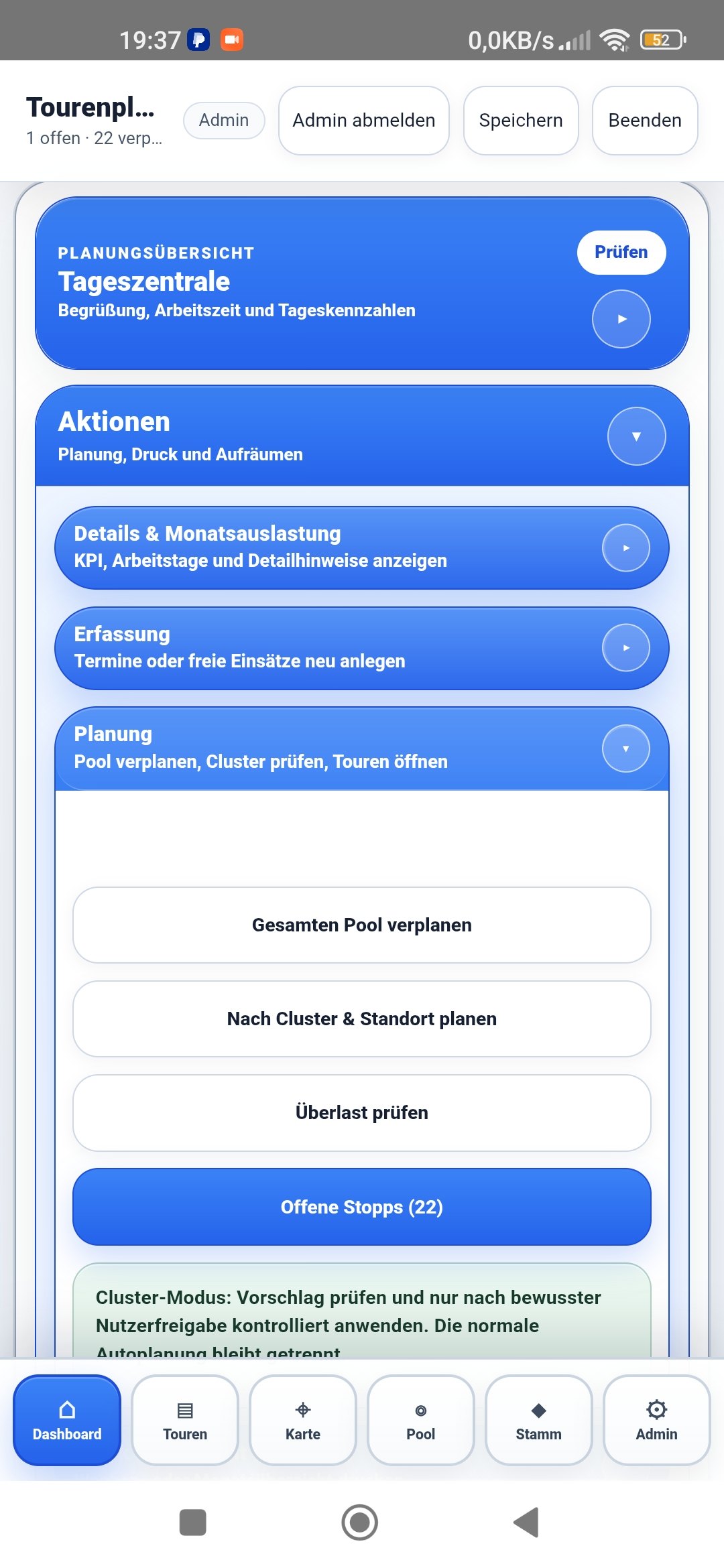 Einsatzpool-Aktionen in einer Tourenplanung App für Außendienst