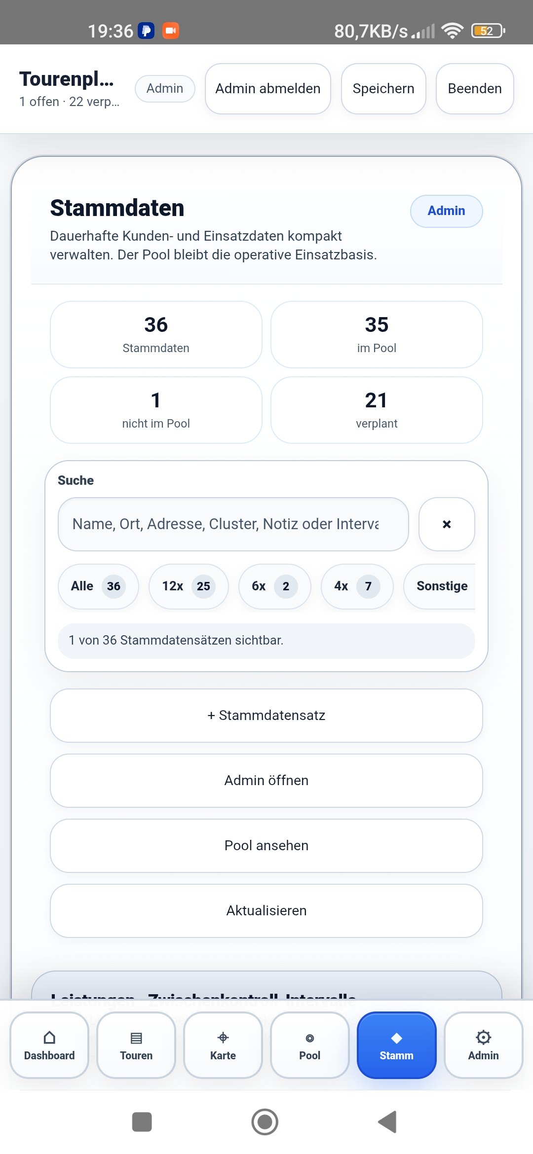 Stammdatenbereich der Tourenplaner App für Kunden und Adressen