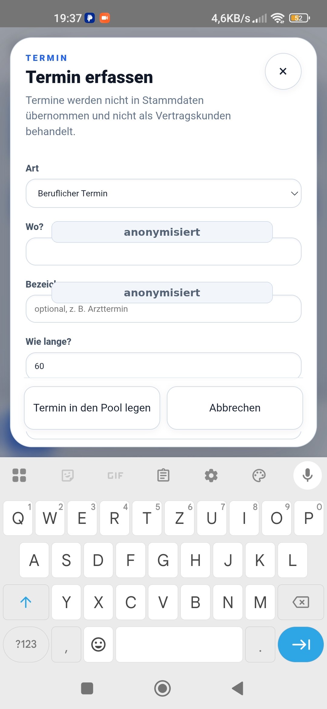 Termin erfassen in einer Einsatzplanung App für Außendienst