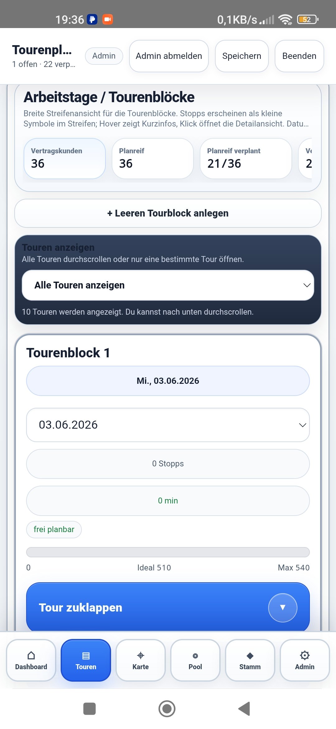 Tourblock und Arbeitszeit in der Tourenplaner App